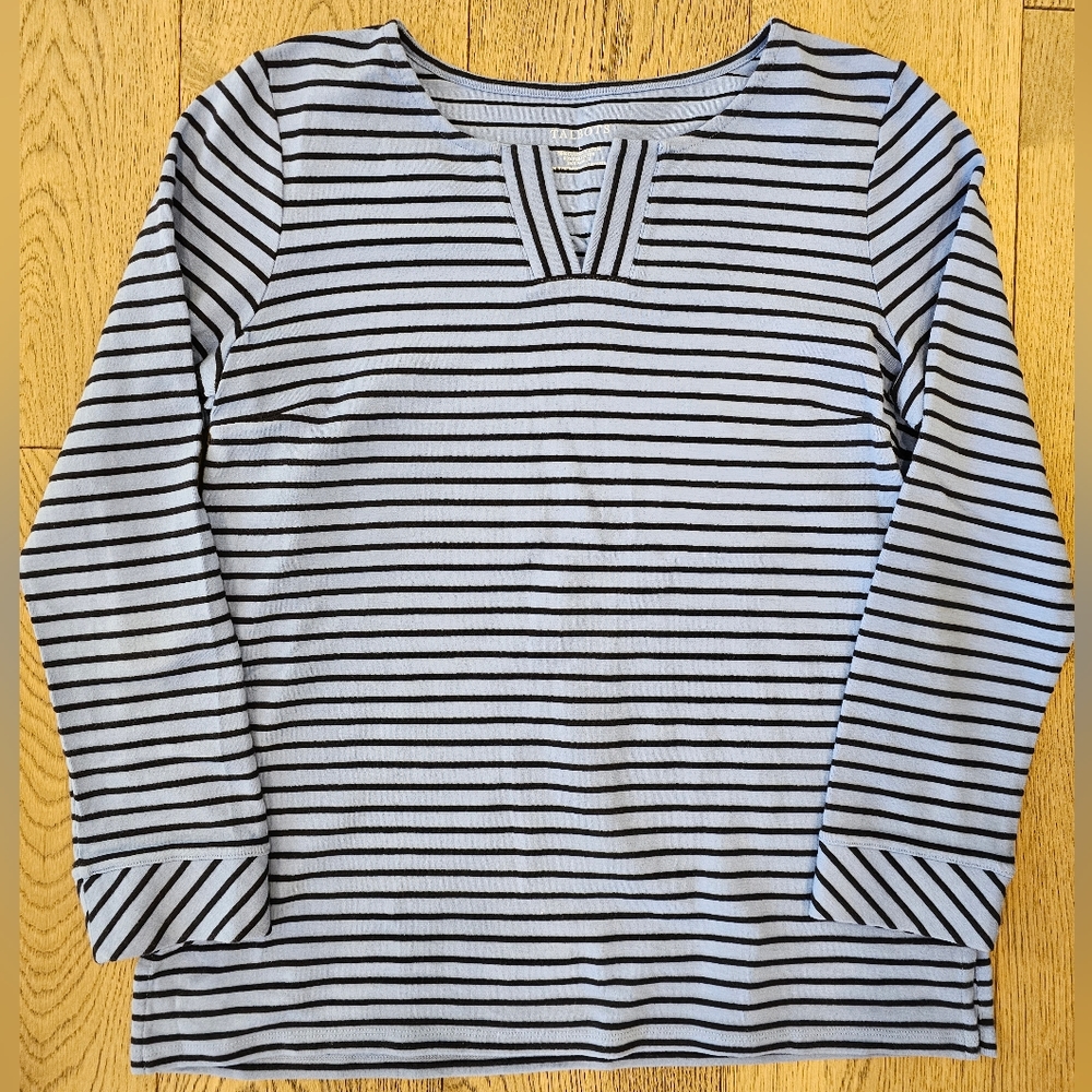 Talbots Split Neck V-Neck Shirt Size L Light Blue Navy Stripe